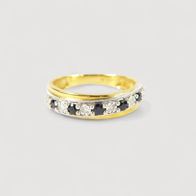 Vintage Blue Sapphire & Genuine Diamonds Half Eternity Ring , 9K Solid Yellow Gold ( UK L / US 5 3/4 )