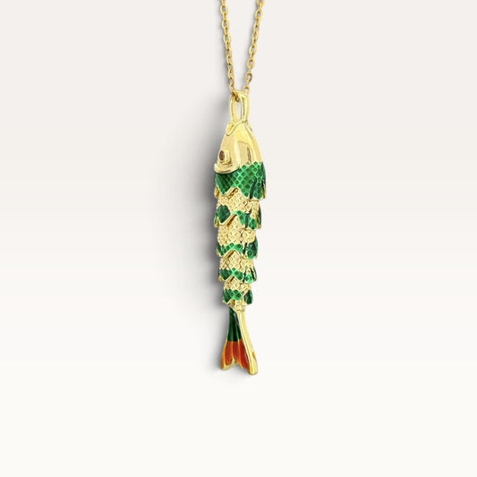 Green Enamel Articulated Fish Necklace