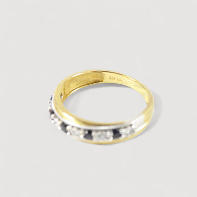 Vintage Blue Sapphire & Genuine Diamonds Half Eternity Ring , 9K Solid Yellow Gold ( UK L / US 5 3/4 )