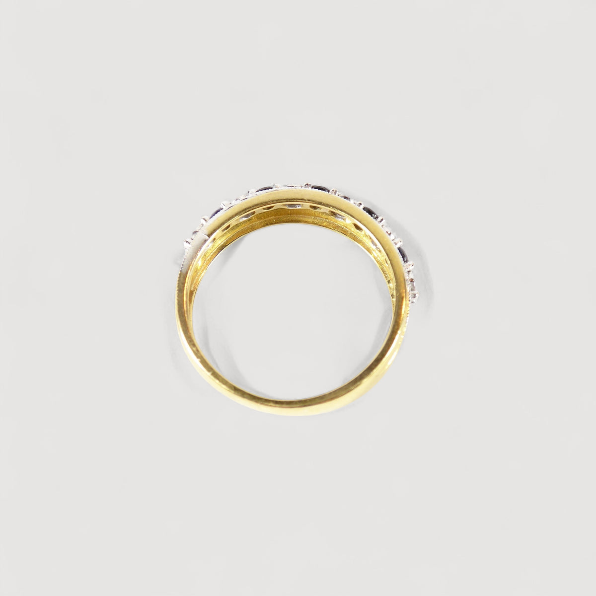 Vintage Blue Sapphire & Genuine Diamonds Half Eternity Ring , 9K Solid Yellow Gold ( UK L / US 5 3/4 )