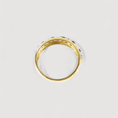 Vintage Blue Sapphire & Genuine Diamonds Half Eternity Ring , 9K Solid Yellow Gold ( UK L / US 5 3/4 )
