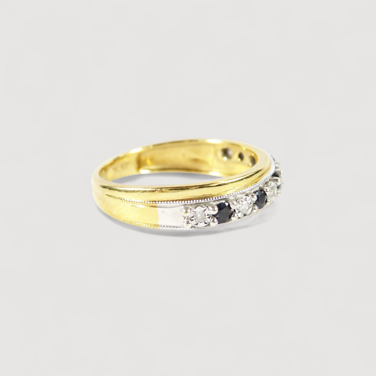 Vintage Blue Sapphire & Genuine Diamonds Half Eternity Ring , 9K Solid Yellow Gold ( UK L / US 5 3/4 )