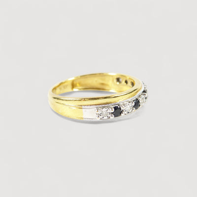 Vintage Blue Sapphire & Genuine Diamonds Half Eternity Ring , 9K Solid Yellow Gold ( UK L / US 5 3/4 )