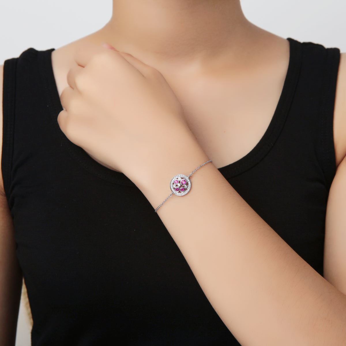Red Stone Disc Bracelet Cz