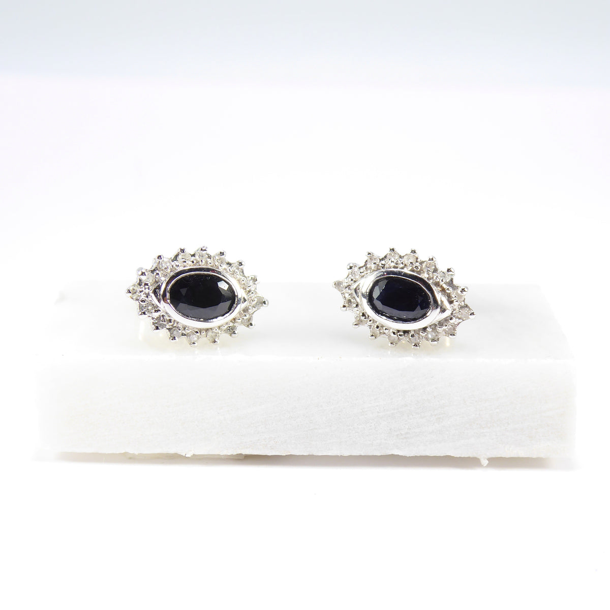 British Vintage Sapphire & Diamonds Cluster Stud Earrings, 9ct Solid Yellow Gold