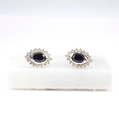 British Vintage Sapphire & Diamonds Cluster Stud Earrings, 9ct Solid Yellow Gold