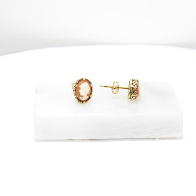 British Vintage Cameo Stud Earrings, 9ct Solid Yellow Gold