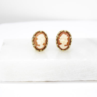 British Vintage Cameo Stud Earrings, 9ct Solid Yellow Gold