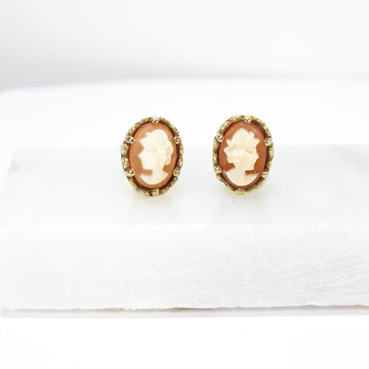 British Vintage Cameo Stud Earrings, 9ct Solid Yellow Gold