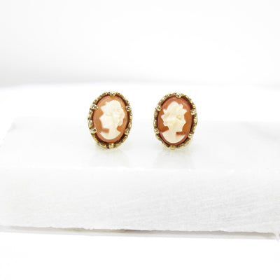 British Vintage Cameo Stud Earrings, 9ct Solid Yellow Gold