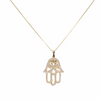 Hamsa Hand of Fatima 14K Solid Yellow Gold & Simulated Diamonds Necklace ( Chain 17" / 43cm )