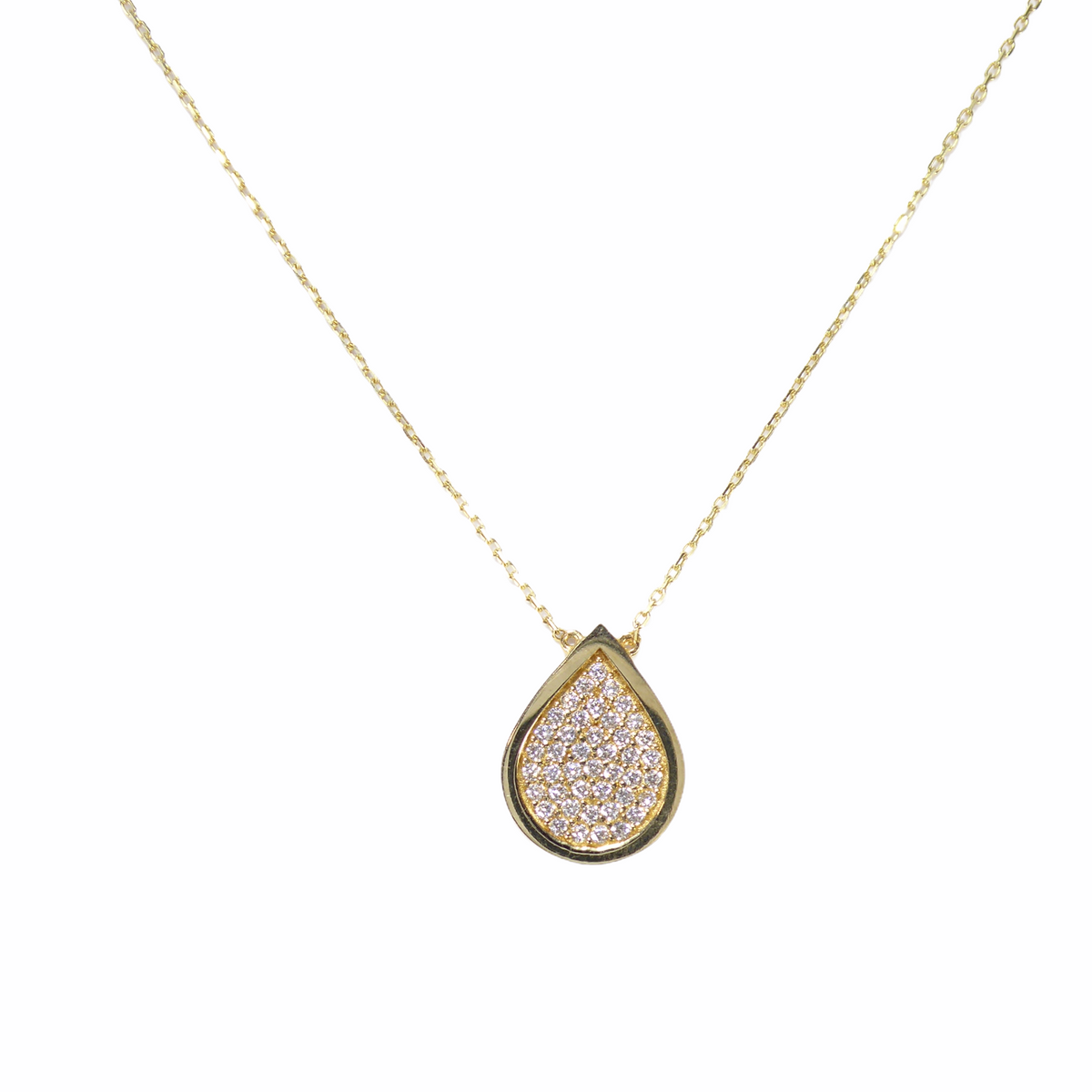 Drop Tear Shape 14K Solid Yellow Gold & Simulated Diamonds Necklace New ( Chain 18" / 45cm )