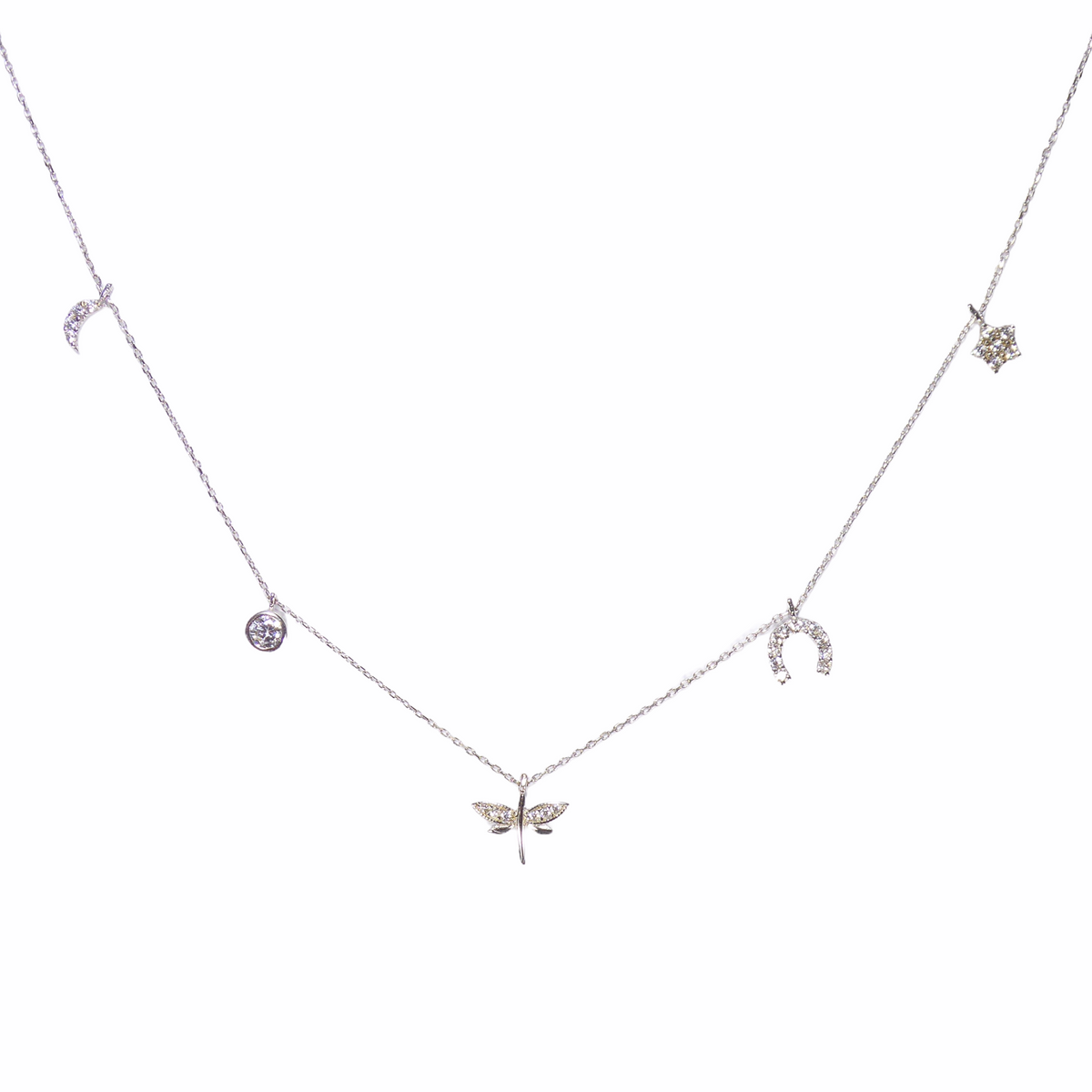 Moon Star Horse Shoe Dragon Fly 14K Solid White Gold Lucky Necklace ( Chain 17" / 43cm )