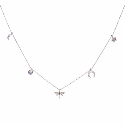 Moon Star Horse Shoe Dragon Fly 14K Solid White Gold Lucky Necklace ( Chain 17" / 43cm )
