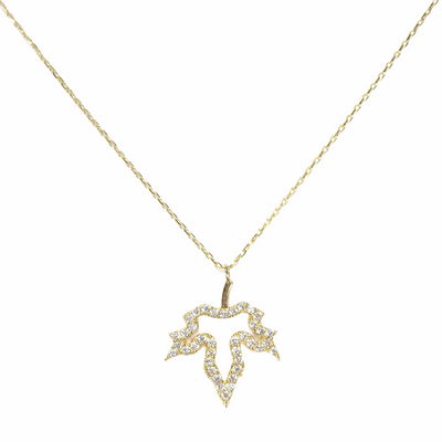 Small Leaf 14K Solid Yellow Gold & Simulated Diamonds Necklace ( Chain 18" / 45cm )