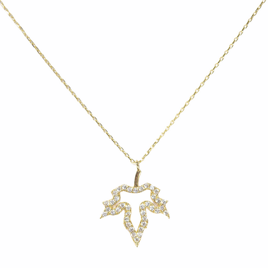 Small Leaf 14K Solid Yellow Gold & Simulated Diamonds Necklace ( Chain 18" / 45cm )