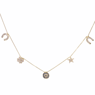 Horse Shoe Clover Sea Star Evil Eye 14K Solid Yellow Gold Lucky Necklace