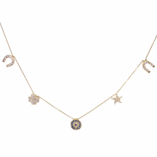 Horse Shoe Clover Sea Star Evil Eye 14K Solid Yellow Gold Lucky Necklace