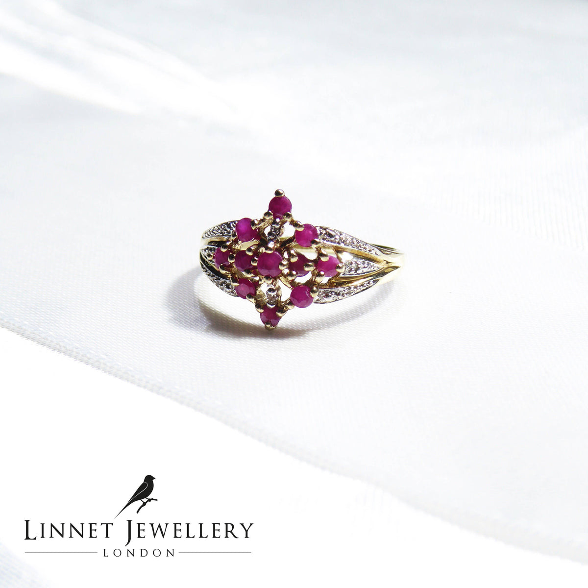 British Vintage Ruby & Diamond Ring, 9k Solid Gold  ( UK L / US 6 )
