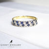 British Vintage Blue Sapphire & Genuine Diamonds Half Eternity Ring , 9k Solid Yellow Gold  ( UK N / US 6 1/2 )