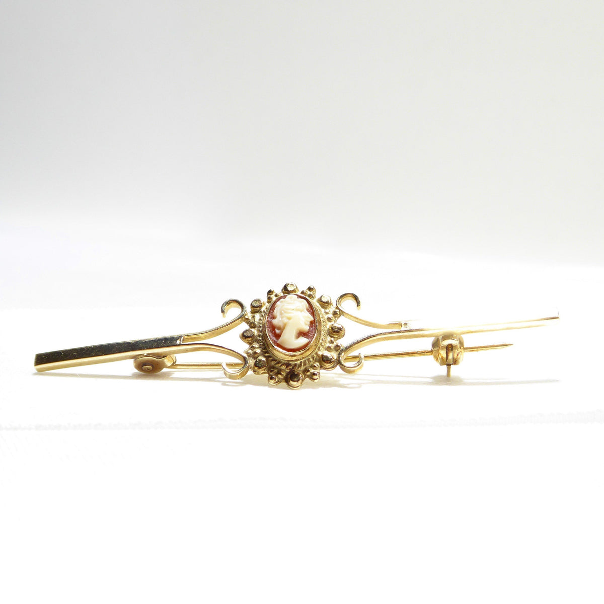 Vintage 9ct Solid Gold & Cameo Bar Brooch / Pin