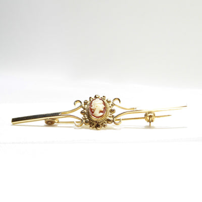 Vintage 9ct Solid Gold & Cameo Bar Brooch / Pin
