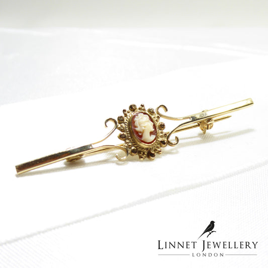Vintage 9ct Solid Gold & Cameo Bar Brooch / Pin