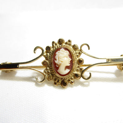 Vintage 9ct Solid Gold & Cameo Bar Brooch / Pin