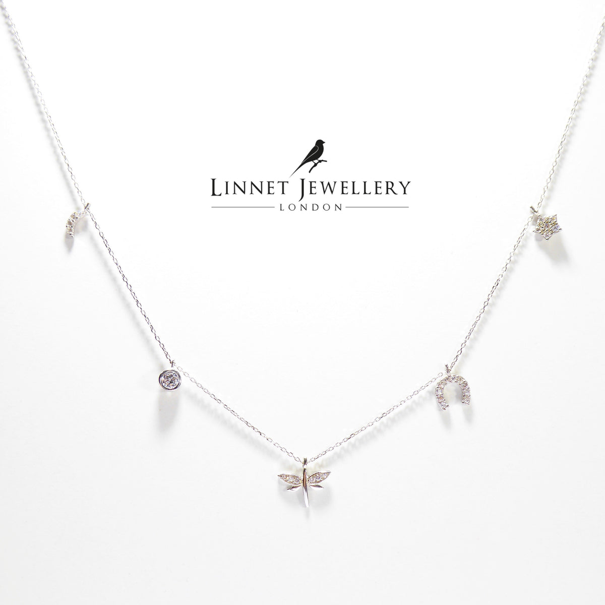 Moon Star Horse Shoe Dragon Fly 14K Solid White Gold Lucky Necklace ( Chain 17" / 43cm )