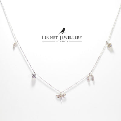 Moon Star Horse Shoe Dragon Fly 14K Solid White Gold Lucky Necklace ( Chain 17" / 43cm )