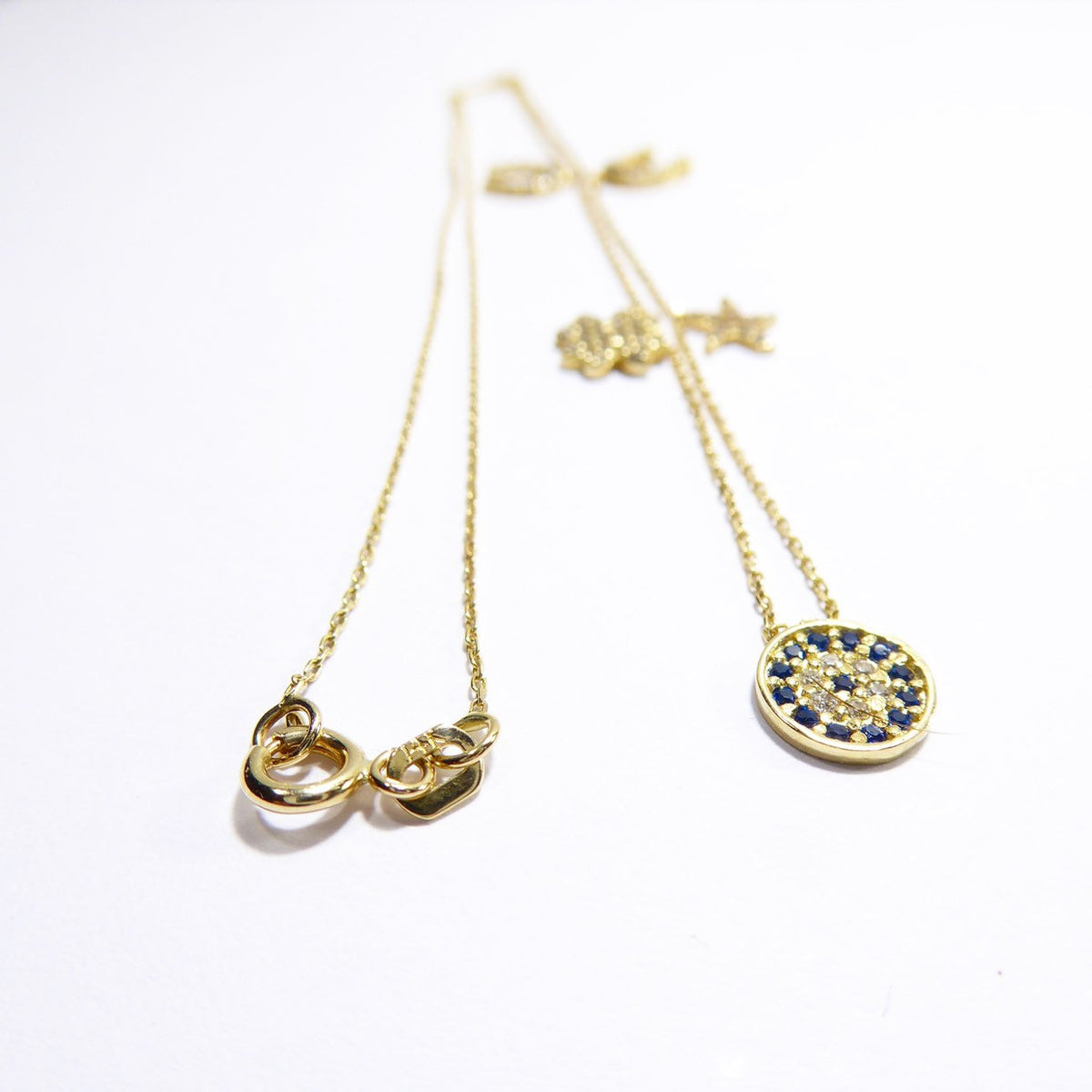 Horse Shoe Clover Sea Star Evil Eye 14K Solid Yellow Gold Lucky Necklace