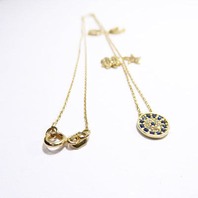 Horse Shoe Clover Sea Star Evil Eye 14K Solid Yellow Gold Lucky Necklace