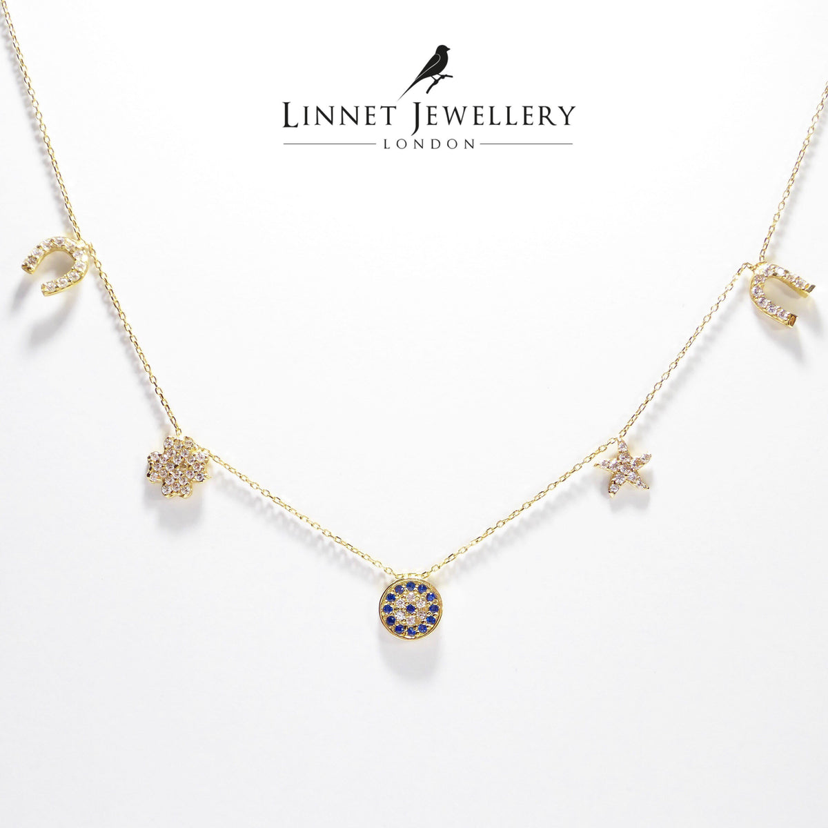 Horse Shoe Clover Sea Star Evil Eye 14K Solid Yellow Gold Lucky Necklace