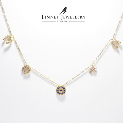 Horse Shoe Clover Sea Star Evil Eye 14K Solid Yellow Gold Lucky Necklace