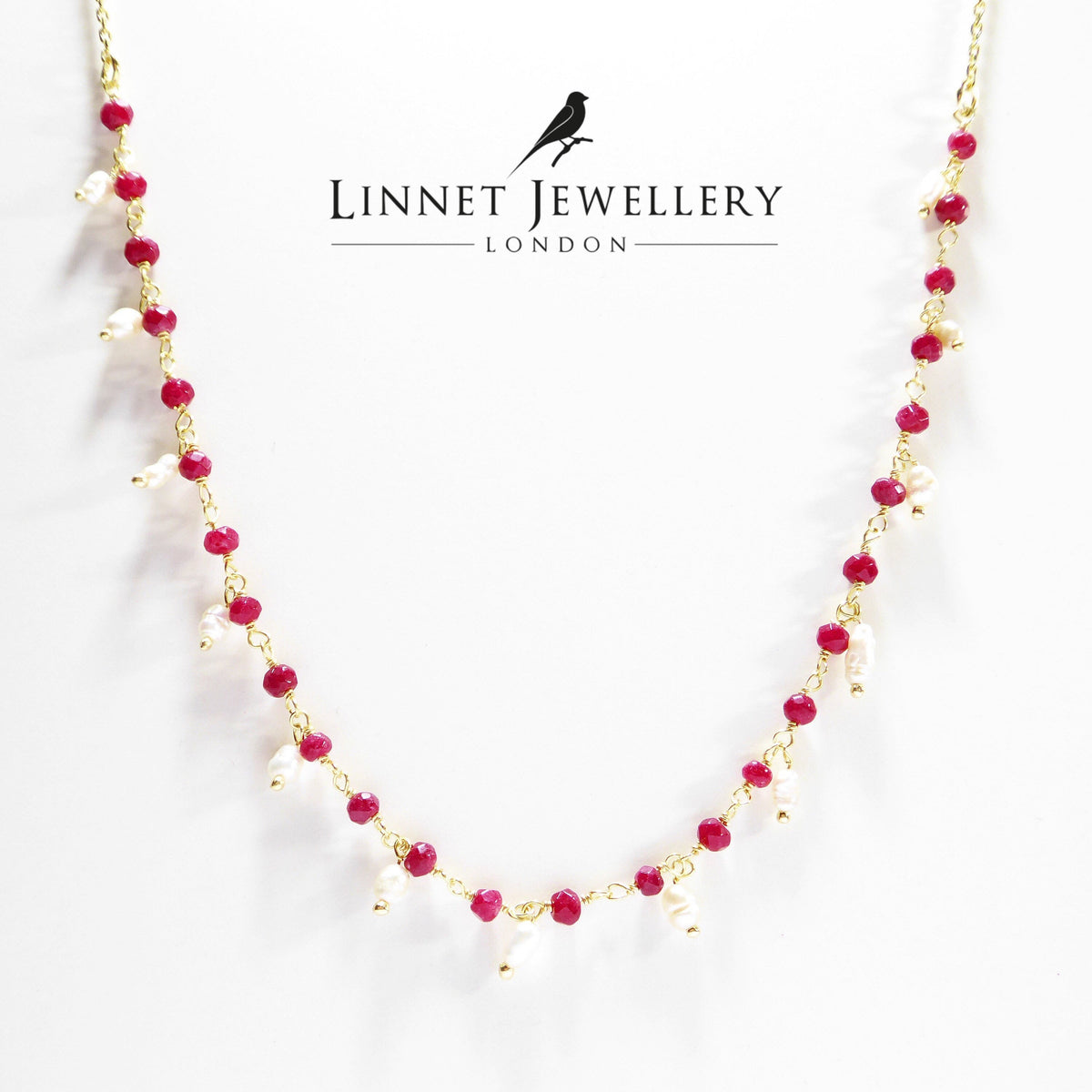 Heated Ruby & Pearl Small Beaded Handmade Necklace