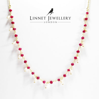 Heated Ruby & Pearl Small Beaded Handmade Necklace