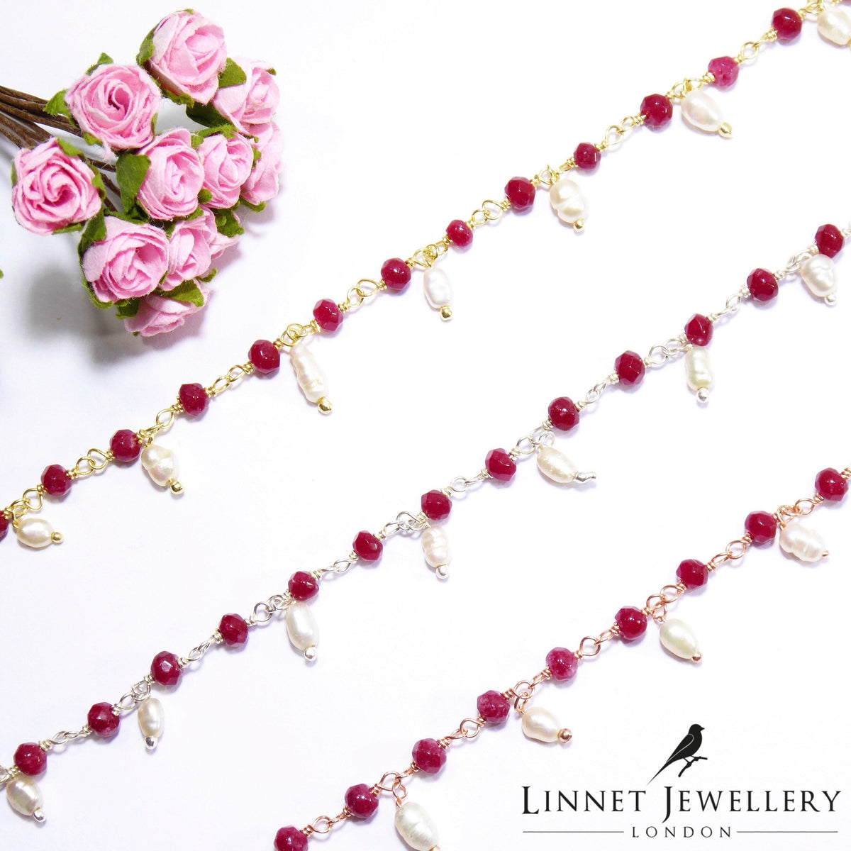 Heated Ruby & Pearl Small Beaded Handmade Necklace