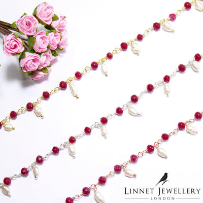 Heated Ruby & Pearl Small Beaded Handmade Necklace
