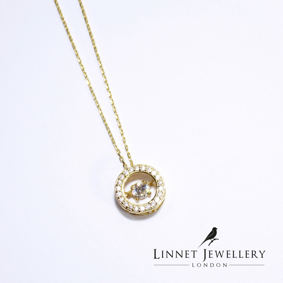 Moving Stone Halo Circle Necklace 14K Solid Yellow Gold & Simulated Diamond