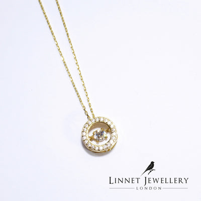 Moving Stone Halo Circle Necklace 14K Solid Yellow Gold & Simulated Diamond