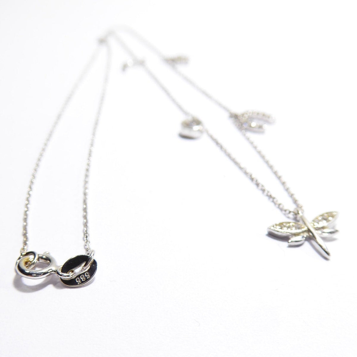 Moon Star Horse Shoe Dragon Fly 14K Solid White Gold Lucky Necklace ( Chain 17" / 43cm )
