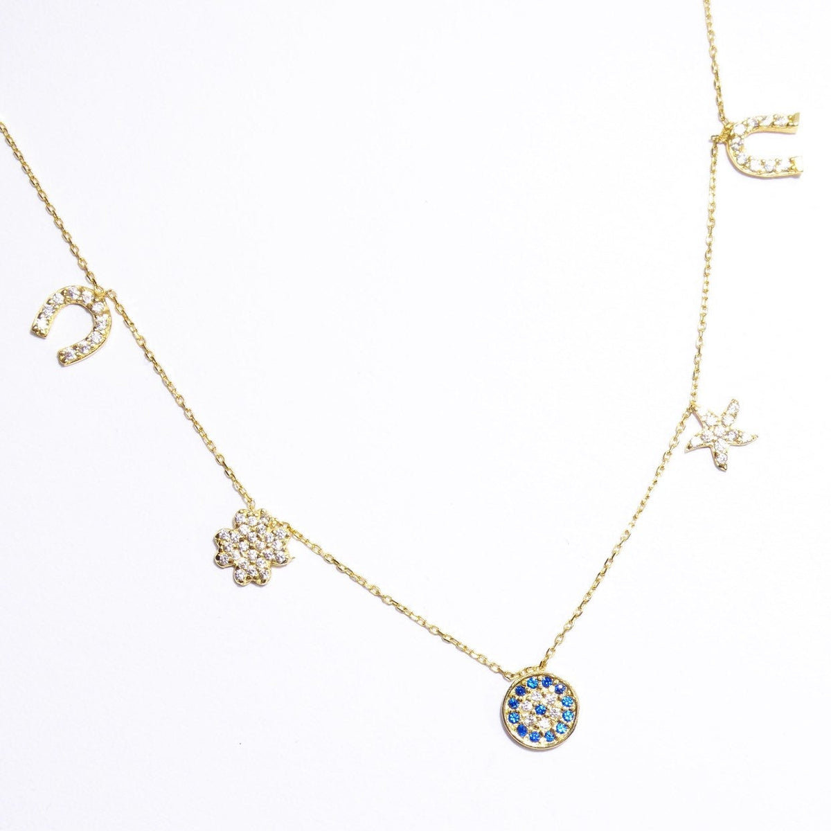 Horse Shoe Clover Sea Star Evil Eye 14K Solid Yellow Gold Lucky Necklace
