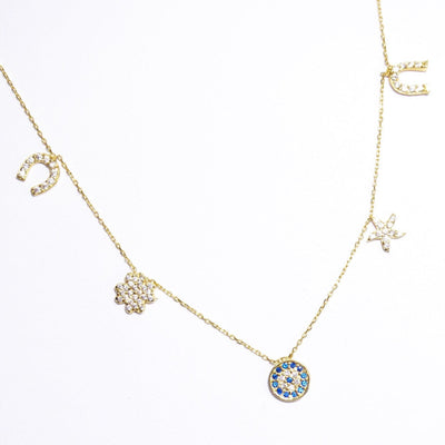 Horse Shoe Clover Sea Star Evil Eye 14K Solid Yellow Gold Lucky Necklace
