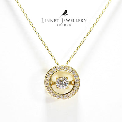 Moving Stone Halo Circle Necklace 14K Solid Yellow Gold & Simulated Diamond