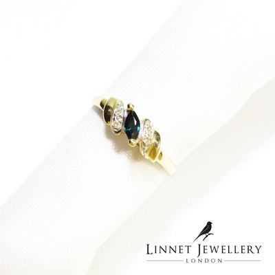 British Vintage Sapphire & Genuine Diamonds Ring, 18k Solid Gold  ( UK M 1/2 - US 6,5 )