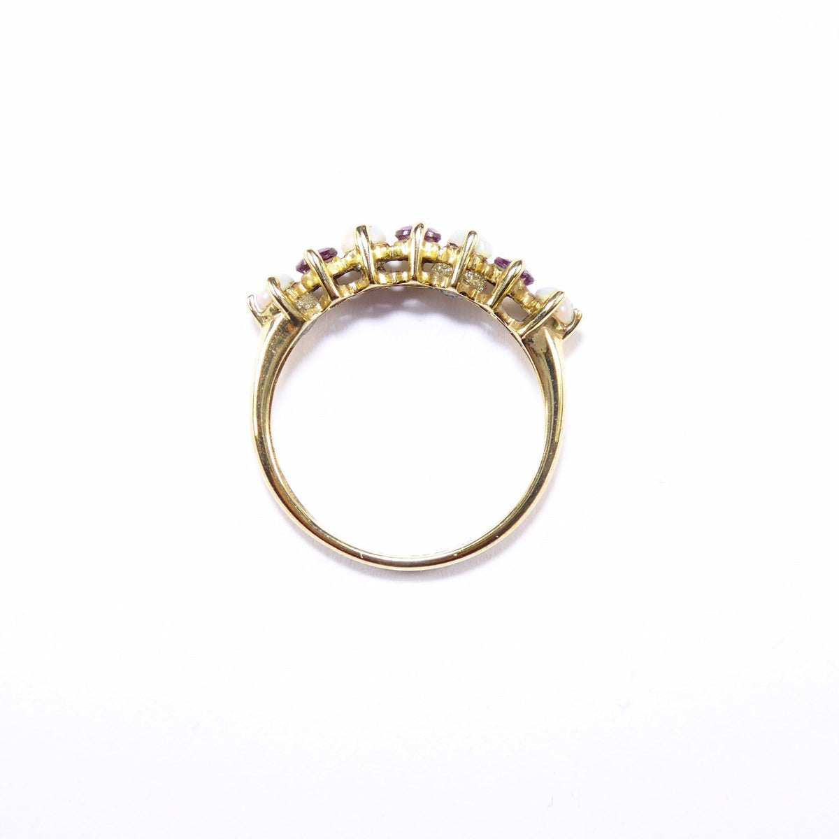 British Vintage Fiery Opal & Rhodelite Half Eternity Ring , 9k Solid Gold ( UK M - US 6 )