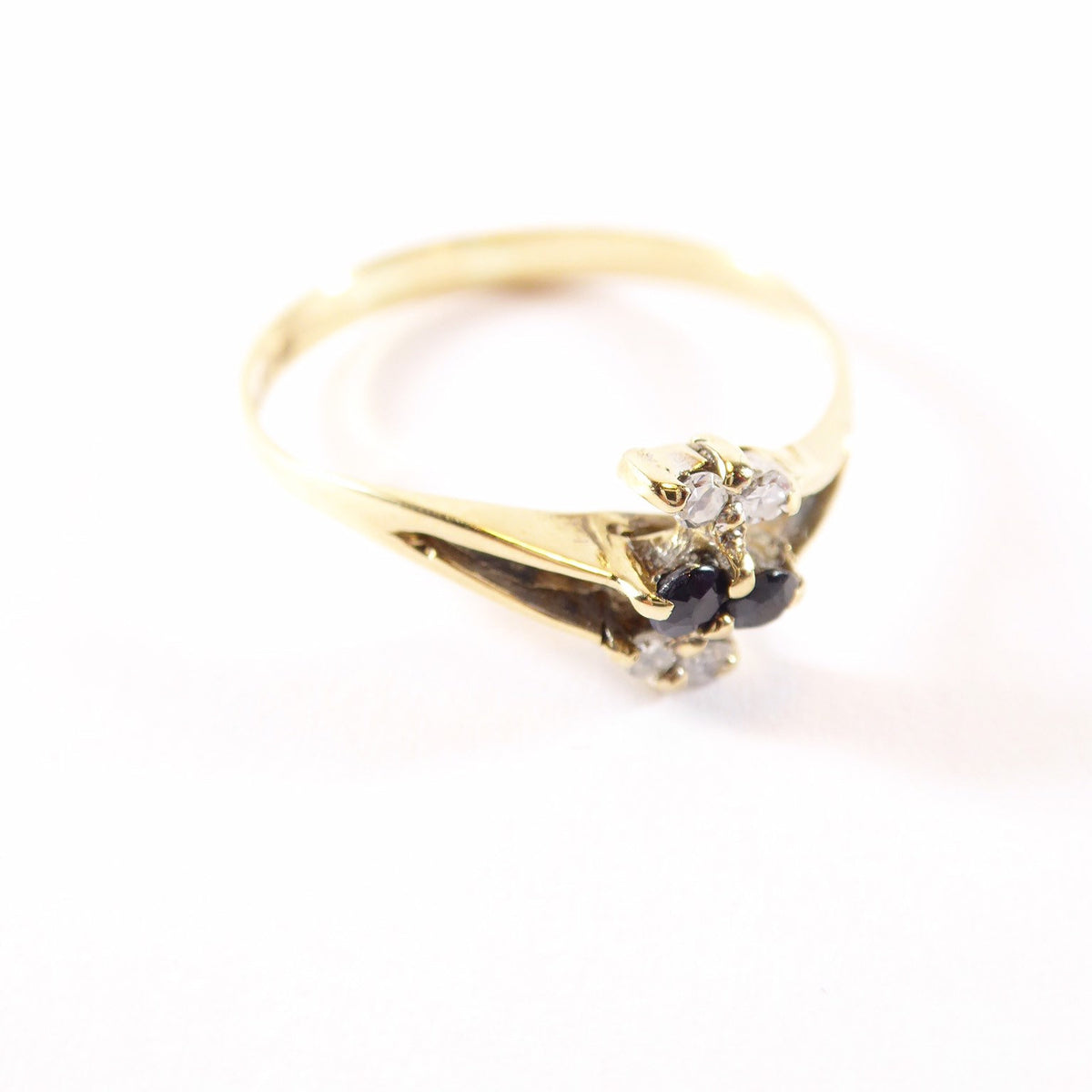 Vintage Dainty Sapphire & Diamond Ring , Solid 9k Yellow Gold ( UK O / US 7 )
