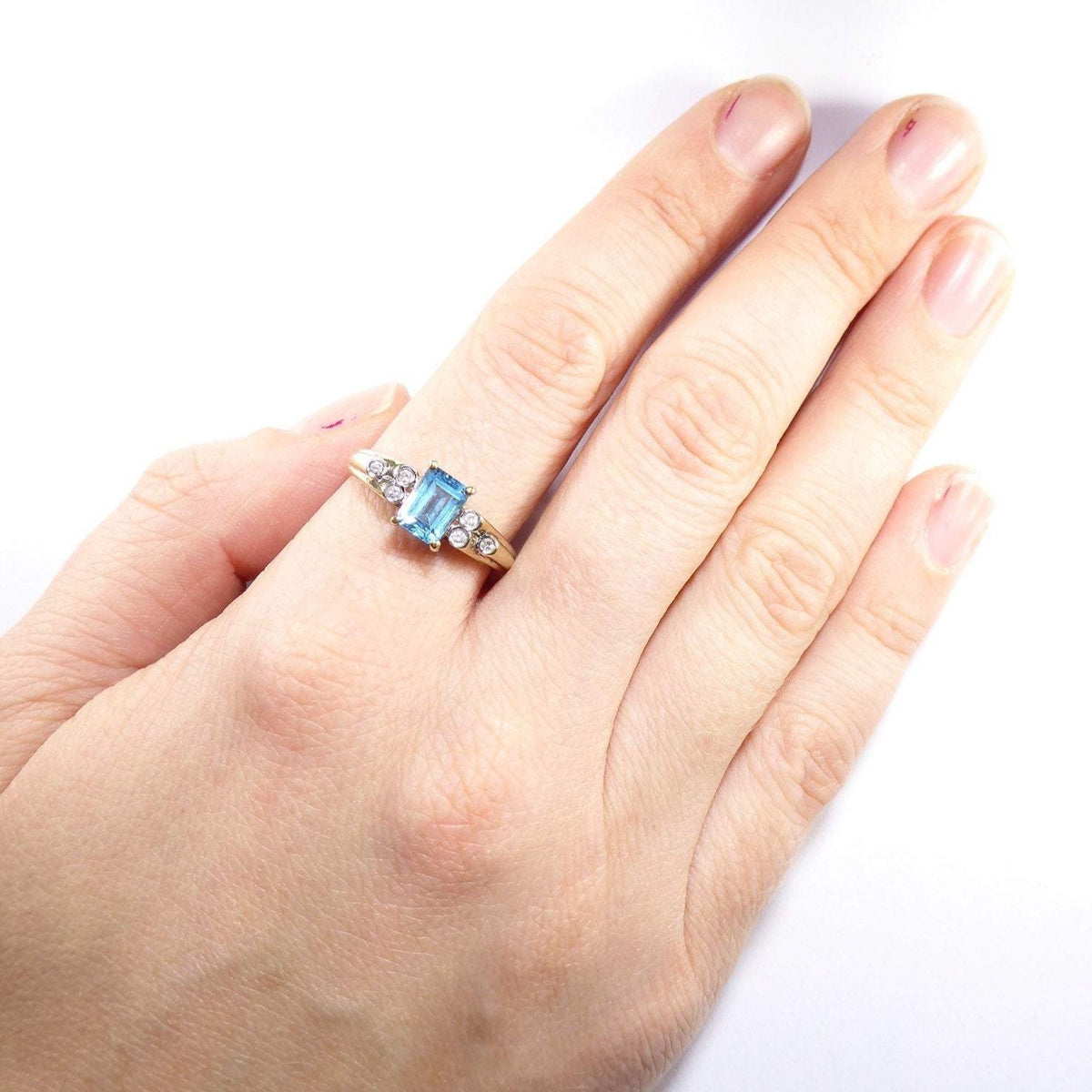 Vintage Topaz & Diamond Ring , Solid 9K Gold ( UK R 1/2 , US 9 )