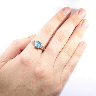 Vintage Topaz & Diamond Ring , Solid 9K Gold ( UK R 1/2 , US 9 )