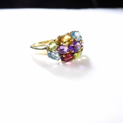 Vintage Genuine Gemstones Cocktail Ring , 9k Solid Gold ( UK O / US 7 )